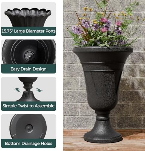 Tall Plastic Urn Planters and Pedestal - 24" Outdoor Planter Black - Image 4