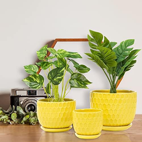 Yellow Ceramic Flower Pots with Saucers, Modern Round Ceramic Succulent Plant Pots with Honeycomb Inspired Texture Design, Small to Medium Sized, Set of 3 - Image 2