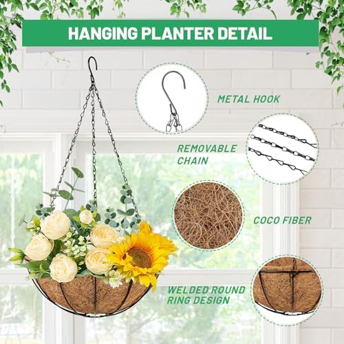 hehimhis 4 Pack 14 Inch Hanging Planters for Outdoor Plants,Black Metal Hanging Baskets Hanging Pots for Porch, Fence Flower Baskets with Coco Liners - Image 6