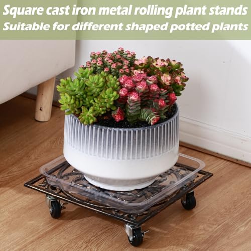 2 Packs 12" Square Metal Plant Caddy with Wheels Large Heavy-Duty Cast Iron Planter Dolly Pot Mover, Indoor Outdoor Vintage Rolling Plant Stands with Casters Wheeled Plant Roller Base, Rustproof Bronze - Image 2