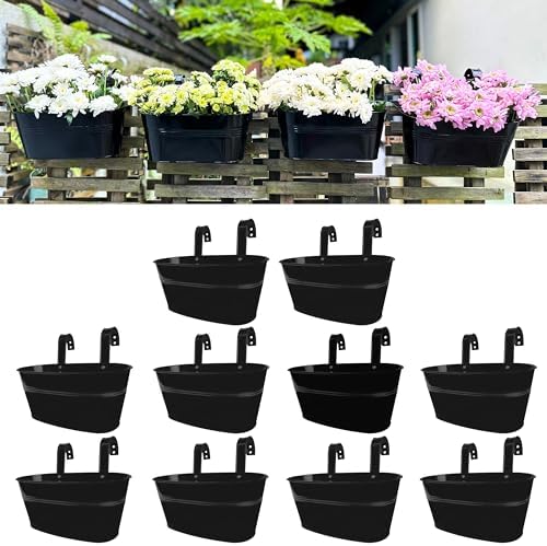 LaLaGreen Outdoor Plants Rail Planter (11.2 Inch, 10 Pack) Black Metal Iron Hanging Flower Pots Deck Railings Fence Buckets Modern Boho Style Wall Mount Window Box Plant Holder Hooks Porch Home Decor by L%C3%A1L%C3%A1Green