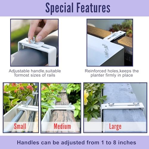 LaLaGreen Planter Boxes Outdoor (16 Inch, 2 Pack) White Metal Rectangular Railing Flower Box with Brackets, Deck Railings Planters for Plants Fence Balcony Patio Porch Modern Garden Decor Over Rail - Image 3