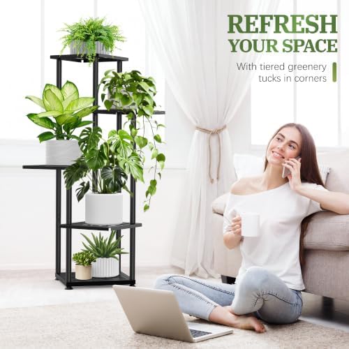5 Tier Plant Stand Indoor Outdoor, Metal Shelf Holder Corner Black - Image 7