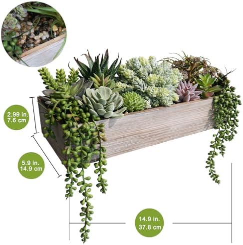 Winlyn 15" Artificial Succulents Plants Arrangement Fake Succulent Plants in Whitewashed Rectangular Wooden Planter Box Faux Potted Plant Decor for Home Windowsill Shelf Farmhouse Table Centerpiece - Image 2