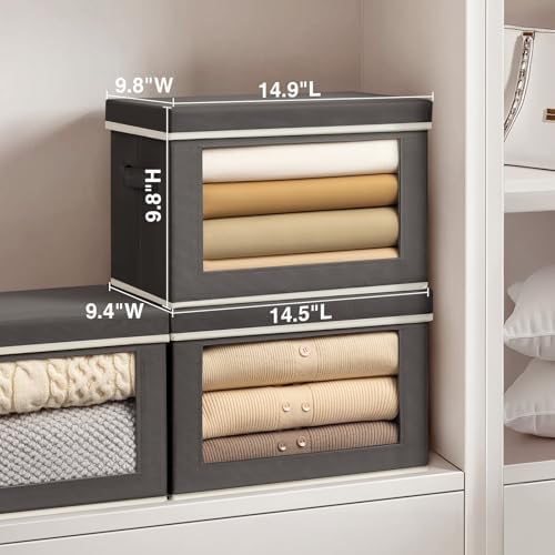 Homsorout Stackable Storage Bins with Lids - Medium Storage Box with Lids, Foldable Closet Boxes for Organizing, Wardrobe Clothes Organizer with Window, Cubes Bins for Living Room, 4 Pack, Dark Grey - Image 4