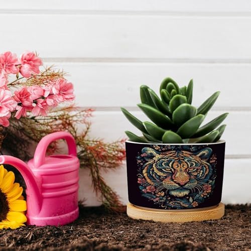 Chinoiserie Tiger Ceramic Planter Green and Turquoise Tiger Stripe Pots for Plants with Drainage Holes and Saucers Pot for Outdoor Garden Home Plant - Image 5