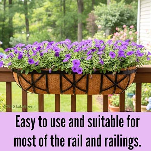 LaLaGreen 36 Inch, 4 Pack Railing Planters with Coir Liner – Large Black Metal Window Boxes with Adjustable Brackets for Wall Mounting, Herb Pots, Balcony & Fence Planter for Patio, Porch, Garden - Image 3