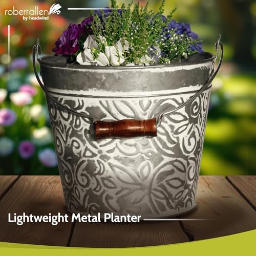 Headwind Vintage Collection - Floral Galvanized White Wash Planter with Handles – Metal Flower Pot & Decorative Bucket Planter, Rustic Metal Outdoor Planter with Drainage Hole for Indoor Plants & Outd - Image 3