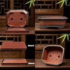 MUZHI Decorative Ceramic Bonsai Planter Pot 8.5 Inch with Tray, Breathable Unglazed Rectangle Terracotta Clay Pot for Tree Succulent Cactus Indoor Outdoor Red Brown (Corner-Cut Rectangle 8.5”) - Image 3