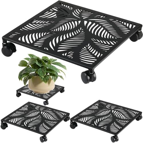 2-pack 13.5 Inches Square Metal Plant Caddy with Wheels Heavy Duty Large Rolling Plant Stand Indoor Outdoor Wheeled Planter Dolly Cart with Lockable Casters Flower Pot Mover Roller Trolley, Black by Unknown