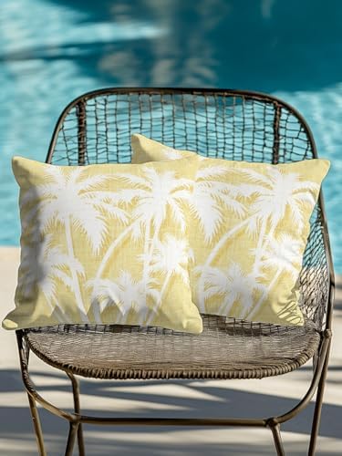 Tropical Palm Tree 18x18 Waterproof Outdoor Throw Pillows Set of 2 with Inserts, Vintage Yellow Exotic Botanical Plants Patio Decorative Cushions for Outdoor Sofa Porch Garden Furniture - Image 4