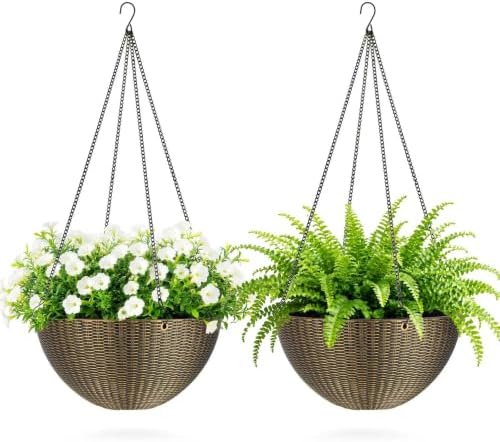 ZMTECH 2 Pack 12 Inch Rattan-Look Hanging Planter Baskets for Indoor Outdoor Plants, Hanging Flower Pots with Drainage Plug & Metal Chain,Hanging Basket for Porch Patio Garden Decor Bronze by HighQualityGardeningTools