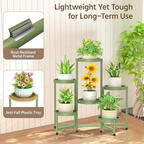 LASZOLA Plant Stand Indoor Outdoor Tall with Plastic Tray, 6 Tiers Green - Image 4