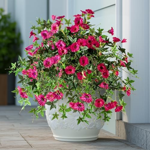 Artificial Flowers Artificial Petunias for Outdoors 2PCS Artificial Hanging Plants Outdoors Silk Flowers with Stems Outdoor Flowers Uv Resistant for Porch Terrace Decor，Rose Red，Without Pot by ENALGRE