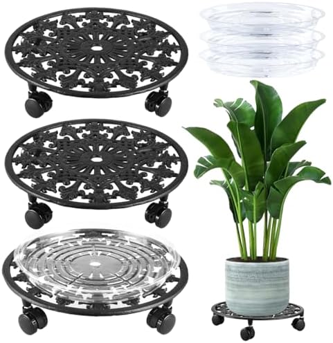 3 Pack Plant Caddy with Wheels, PlanterHoma 14 Inch Metal Plant Stand with Wheel Heavy Duty Wrought Iron Planter Dolly Rolling Stand Plant Roller with Caster for Indoor and Outdoor with 3 Pack Saucers by Planterhoma