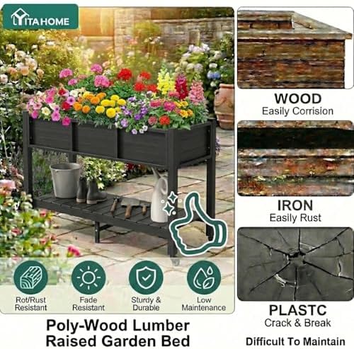 YITAHOME Raised Garden Bed HDPE, 47x18x31In Raised Flower Bed Poly-Wood Weather-Resistant Elevated Planter Box with Lockable Wheels & Storage Shelf for Vegetable Flower, Black - Image 5