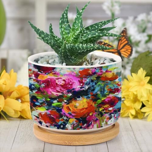 Bright Floral Pink Rose Dorm Planter Ceramic Blooms Flower Painting Round Plant Pots with Drainage Holes and Bamboo Tray Pot for Succulents Cactus Garden Windowsill - Image 6