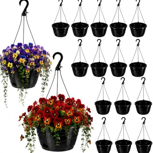 16 Pcs 10 Inch Modern Euro Swirl Hanging Planter Uv-Resistant Plastic Hanging Basket Smart Drainage Lightweight Indoor Outdoor Flower Pots for Garden Porch Balcony Patio Home Decor (Black) by Romooa