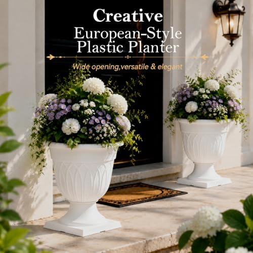2PCS Plastic Urn Planter, Large Flower Urn for Outdoor Patio, Modern Garden Pot with Drainage Hole, Decorative White Vase for Front Porch, 19 Inch (W-2) - Image 4