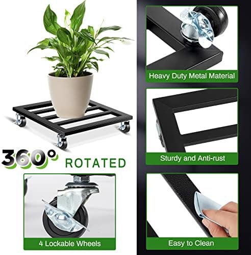 Taiyin 20 Inch Metal Plant Stand with Lockable Wheels Heavy Duty Rolling Stand 350lb Square Roller Base Potted Plant Dolly for Outdoor Indoor Patio Planter Large Succulent Flower Pot Cart - Image 3