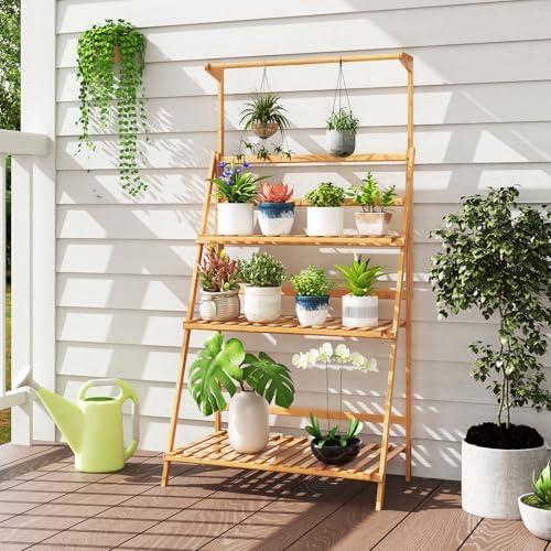 HAPPYGRILL Bamboo 3-Tier Hanging Plant Stand, Ladder Planter Display Shelf - Image 2