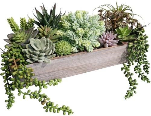 Winlyn 15" Artificial Succulents Plants Arrangement Fake Succulent Plants in Whitewashed Rectangular Wooden Planter Box Faux Potted Plant Decor for Home Windowsill Shelf Farmhouse Table Centerpiece by Winlyn