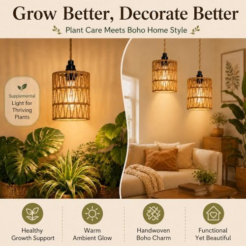 2 Pack Hanging Grow Lights for Indoor Plants Boho Rattan Plant Light - Image 4