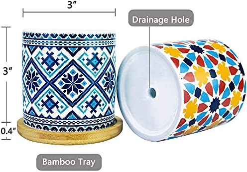 6 Pack Mandala Succulent Plant Pot with Bamboo Trays, Ceramic Multicolored Succulent Container Planter Pot for Small Plant - Image 3