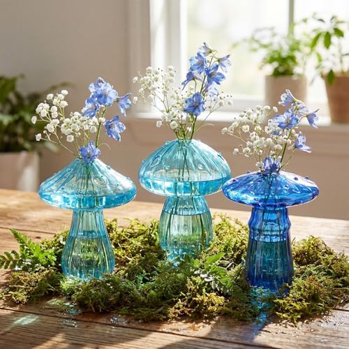 7 Pcs Glass Mushroom Vase Propagation Station with Hydroponic Plant and Artificial Fake Moss 6 Colored Plant Vase Table Centerpiece Decor for Forest Birthday Wedding Party Decoration (Blue) - Image 4