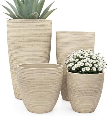 ZMTECH 4 Pack Plastic Planters 21/18/12/10in, Beige Faux Stone Finish Round Flower Pots with Drainage Holes & Saucers, Large Tall Plant Pots for Indoor Outdoor, Patio Garden Decor, Plant Containers by HighQualityGardeningTools