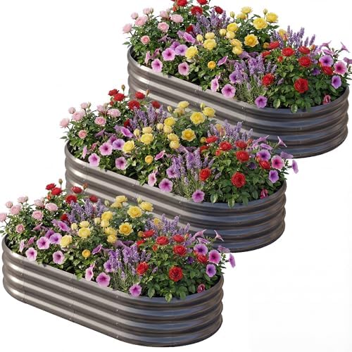 AHEONLAR 3 Pack 6×3×1ft Galvanized Raised Garden Bed, Oval Durable Planter Boxes Outdoor for Vegetables, Fruits, Flowers and Plants, Quick Assembly, Grey by garden