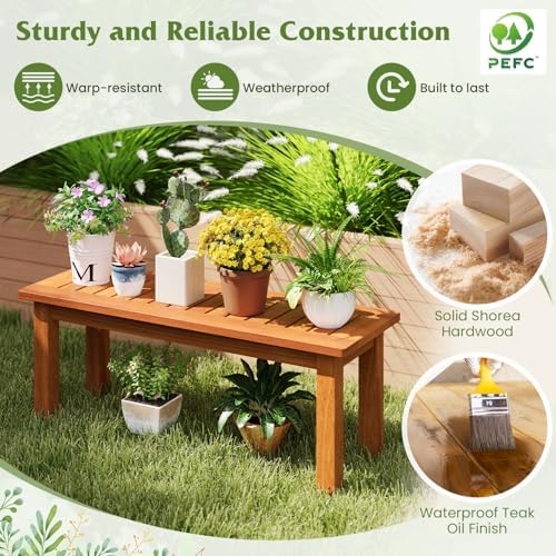 Tangkula Wooden Plant Stand, Outdoor Indoor Solid Wood Flower Pot Holder Display Shelf with Teak Oil Finish, Slatted Top, Rustic Plant Rack for Patio Garden Entryway Porch - Image 5
