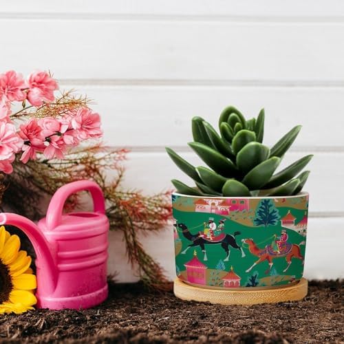 Bright Emerald Green Planter Ceramic Chinoiserie Decor Round Plant Pot with Drainage Holes and Bamboo Tray Pot for Home Desktop Office Windowsill - Image 5