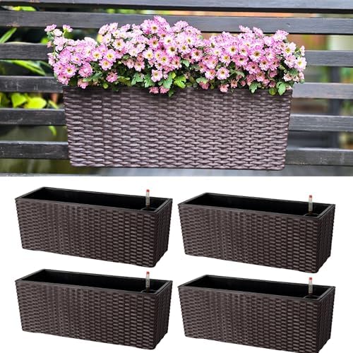 LaLaGreen Deck Railing Planter Box (20 Inch, 4 Pack) Brown Rectangular Window Flower Boxes with Bracket, Self Watering System Hanging Planter Box for Outdoor Plant Container Herb Rail Fence Balcony by L%C3%A1L%C3%A1Green