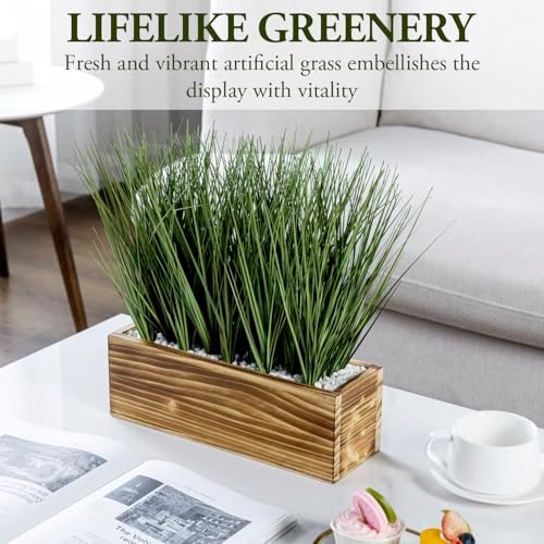 MyGift 12 Inch Artificial Grass Plant, Rustic Burnt Wood Planter Box - Image 2