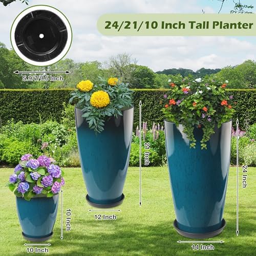 24-21-11 Inch Tall Planters for Outdoor Plants Set of 3 Blue - Image 3