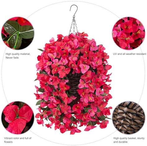Ivydale Bougainvillea Artificial Hanging Fake Flowers with Basket for Outdoors Decoration, Faux Silk Flowers UV Resistant Fake Plants Long Vines Realistic for Outside Front Door Porch Patio, Red Pink - Image 3