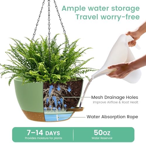 UOUZ 13 Inch 2 Pack Large Self Watering Hanging Planters for Indoor Outdoor Plants, Hanging Plant Pots with Removable 50 Oz Reservoir, Plastic Hanging Basket for Window Porch Garden, Green with Brown - Image 3