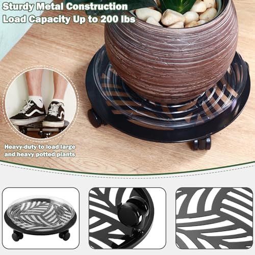 3 Packs 13 inches Large Metal Plant Caddy with PU Wheels Heav-Duty Rolling Plant Stands Indoor Outdoor Wheeled Plant Dolly Coasters Flower Pot Mover Rollers Plant Trolley Cart, Plant Saucers Included - Image 3