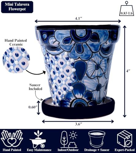 Talavera Planter - Mexican Ceramic Pot with Drainage (White & Blue-Small) - Image 2