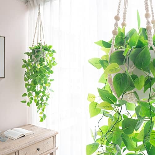 Mkono 2 Packs Fake Hanging Plant with Pot and Ceiling Hooks, Artificial Plants for Home Decor Indoor Macrame Plant Hanger with Fake Vines Faux Hanging Planter Greenery for Room Decor, Ivory (Pothos) - Image 2