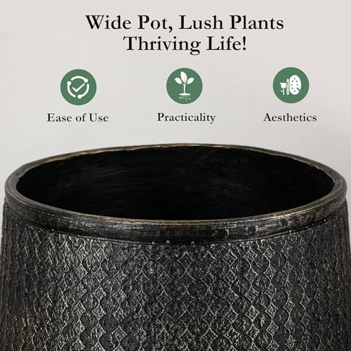 Worth 12" and 14.5" Round Planters, Lightweight Magnesium Oxide Cement Plant Pot, Raised Pattern Concrete Look with Drainage Hole, Black - Image 4