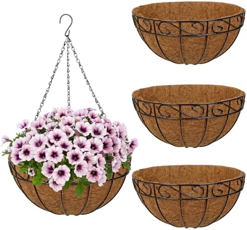 4 Pack 14 inch Metal Hanging Baskets for Plants, Round Metal Wire Hanging Basket Planter with Coco Fiber Liners Chain for Garden Home Porch Patio, Flower Border by NatureCrafted