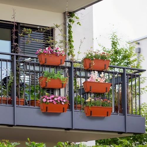 OYEAL Hanging Flower Pots for Railing Fence Outdoor Window Boxes Planter with Adjustable Hooks, Set of 2 Deck Rail Planters with 6 Detachable Plastic Planter Boxes, Drainage Holes, Brick Red - Image 6