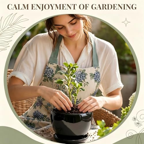 11 Inch Ceramic Plant Pot with Drainage Hole Mesh Net, Large Gardening Pots for Indoor Plants with Saucer, Black - Image 5