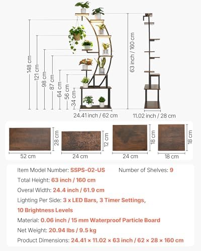 VEVOR Plant Stand Indoor with Grow Lights, 63 in Tall 9-Tier Lighted Plant Shelf, Metal Corner Plants Holder, 3 Timer & 10 Brightness, Curve-Shaped Flower Display Rack for Living Room Balcony Decor - Image 7