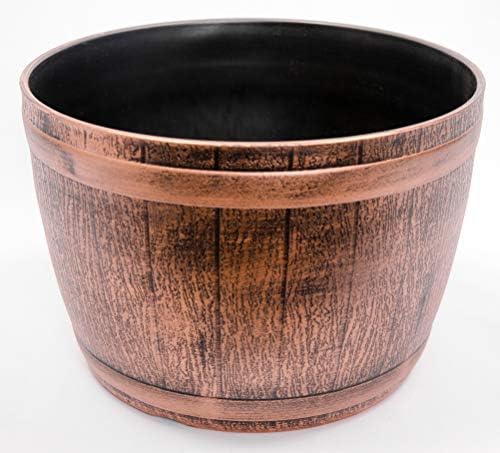 Set of 2 Plastic Fancy Whiskey Barrel (2 planters + 2 Matching Saucers) Victorian Rustic Look Flowerpot for Indoor Outdoor Garden Patio Office Home Decor Use Lightweight Heavy Duty (Copper-W) - Image 3