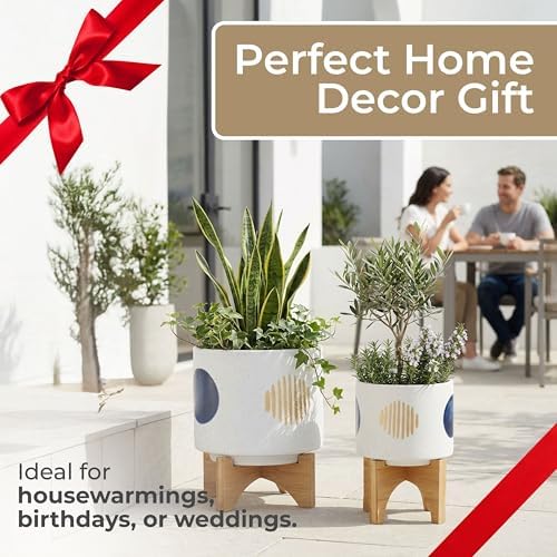 Funky Shapes Ceramic Planters with Wooden Stand for Home Decor Flower Pots for Living Room, Entryway, and Garden - Raised Plant Pots fo Indoor and Outdoor Plants - Set of 2, 11", 7", White & Tan - Image 6