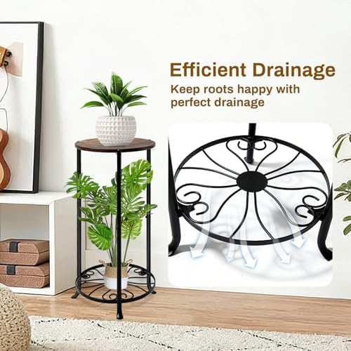 Plant Stand Indoor, 2 Tier Wood Round Potted Holder Rack, 27 " Tall Flower Pot Stand Shelf, Round Supports Plant Stand for Large Plants, Corner Plant Shelf for Balcony Garden Patio Living Room, Brown - Image 5