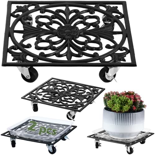 2 Packs 12" Square Metal Plant Caddy with Wheels Large Heavy-Duty Cast Iron Planter Dolly Pot Mover, Indoor Outdoor Vintage Rolling Plant Stands with Casters Wheeled Plant Roller Base, Rustproof Black by DEELF+OUTLET